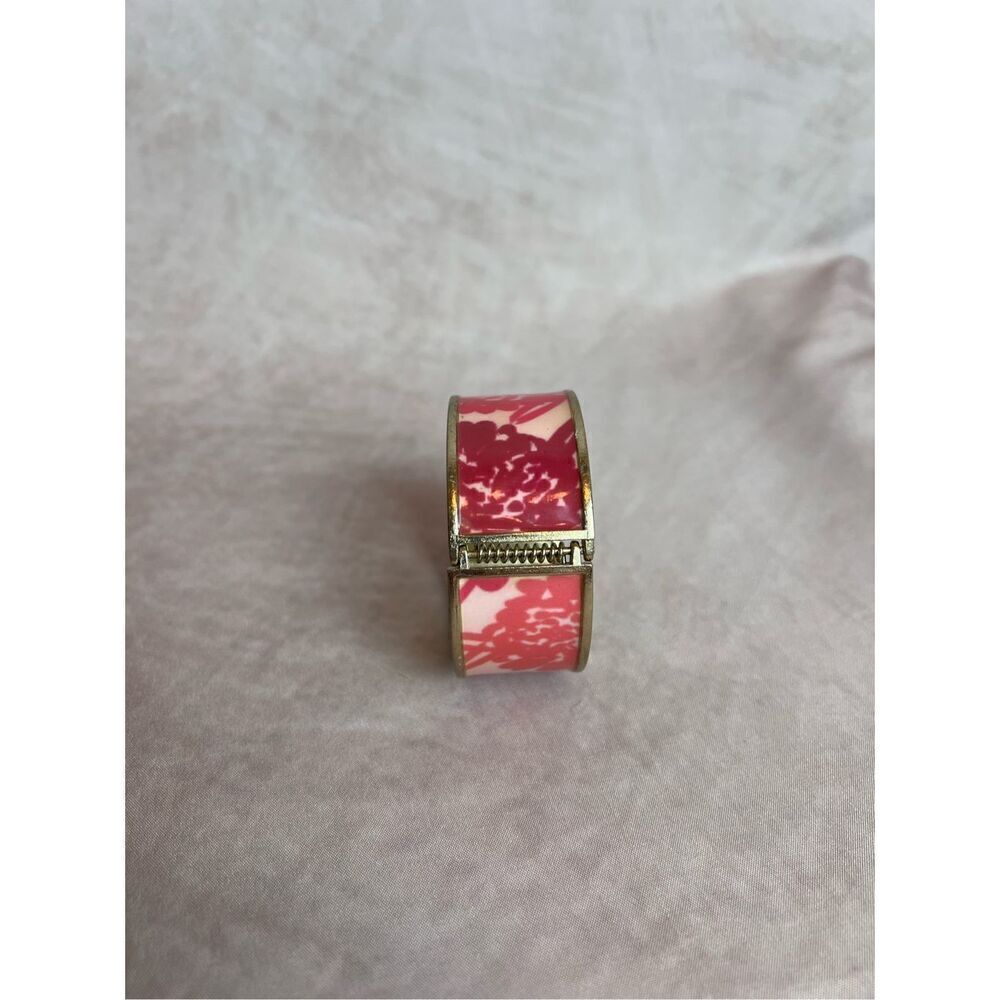 Wide Hinged Goldtone Bracelet with Pretty Pink and Red Flowers - Picture 2 of 4